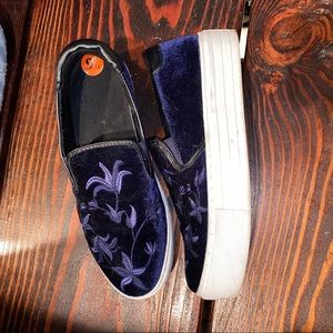 Embroidered velvet slip on platforms